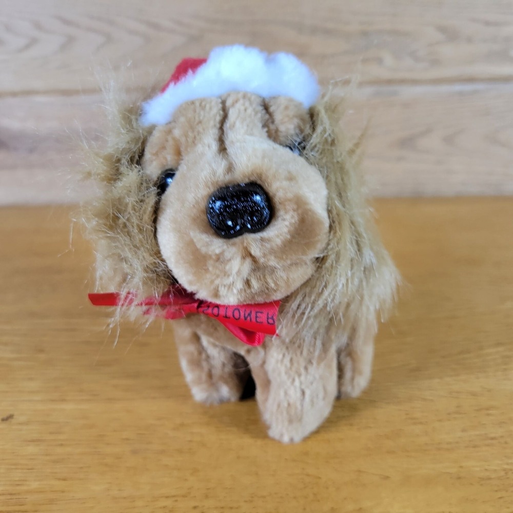 Vtg 1987 Isotoner Cocker Spaniel Christmas Plush Puppy Dog Santa Hat Toy 6"